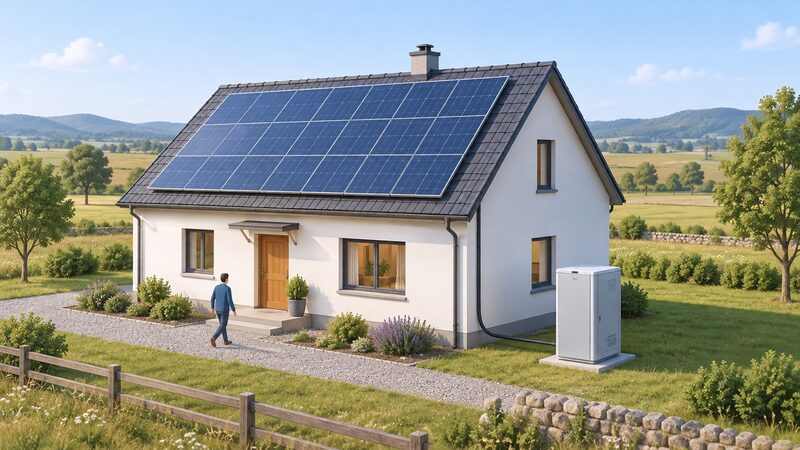 A rural house with a large roof-mounted solar panel array and a separate ground-mounted battery cabinet standing alongside the house on the ground, connected by cabling.