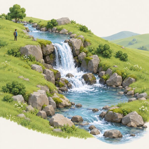 A small stream tumbling down a grassy hillside in open countryside, dropping over rocks in a clear stepped fall between an upper pool and a lower pool, with no equipment installed, showing the running water and height difference a micro hydro site needs.