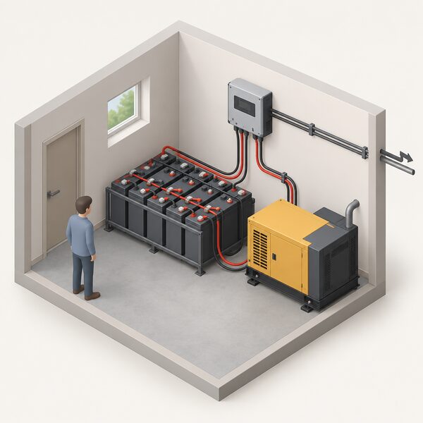 An indoor utility room with a large battery bank of connected batteries on the floor and a diesel backup generator beside it, both wired to a wall-mounted charge controller and cabling running out toward the house supply, shown as a clean isometric cutaway.