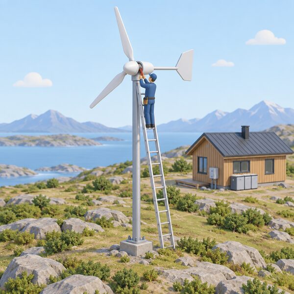A technician in plain work clothes, shown as a small simplified isometric figure, stands on a ladder against the tall pole of a small wind turbine on an exposed off-grid site, servicing the turbine's moving parts at the hub with hand tools, with the off-grid home and battery equipment visible in the background.