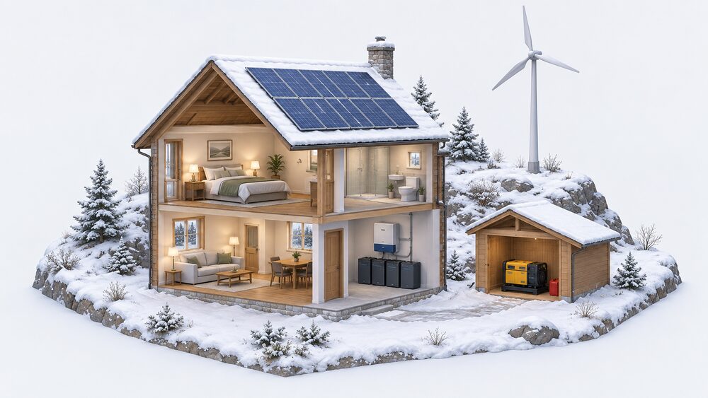 A cutaway of a small rural off-grid house in winter, with solar panels on the roof, a pole-mounted wind turbine on high ground behind the house, a battery bank and inverter on the wall of a utility space inside, and a diesel backup generator with a fuel can in an outbuilding beside the house.