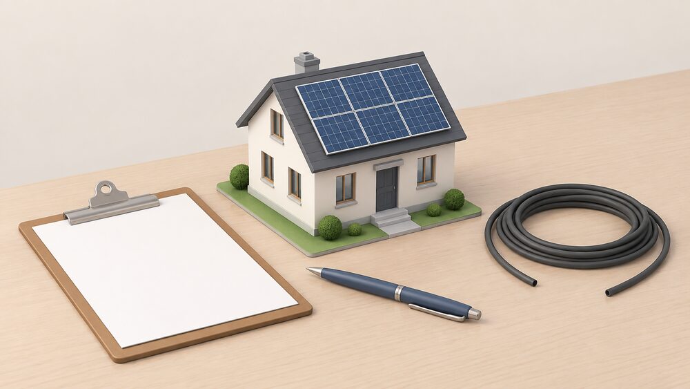 A small model of a detached house with solar panels on its roof stands on a table beside a blank planning application form on a clipboard, a pen, and a coiled length of cable lying unconnected, representing an off-grid home judged by planning and building rules.