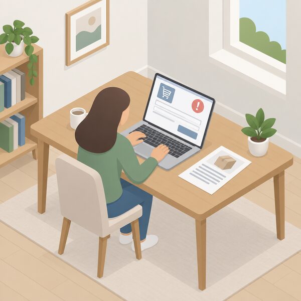 A simplified isometric householder seated at a laptop on a table at home, filling in an online complaint form shown on the screen as blank lines and plain blocks, with a printed sheet of evidence beside them.