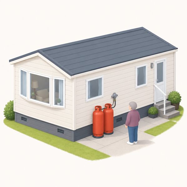 A pair of bottled gas cylinders standing upright on a hard standing beside the exterior wall of a simple park home, connected by a short regulator hose towards the home, with a small simplified figure of a resident nearby.