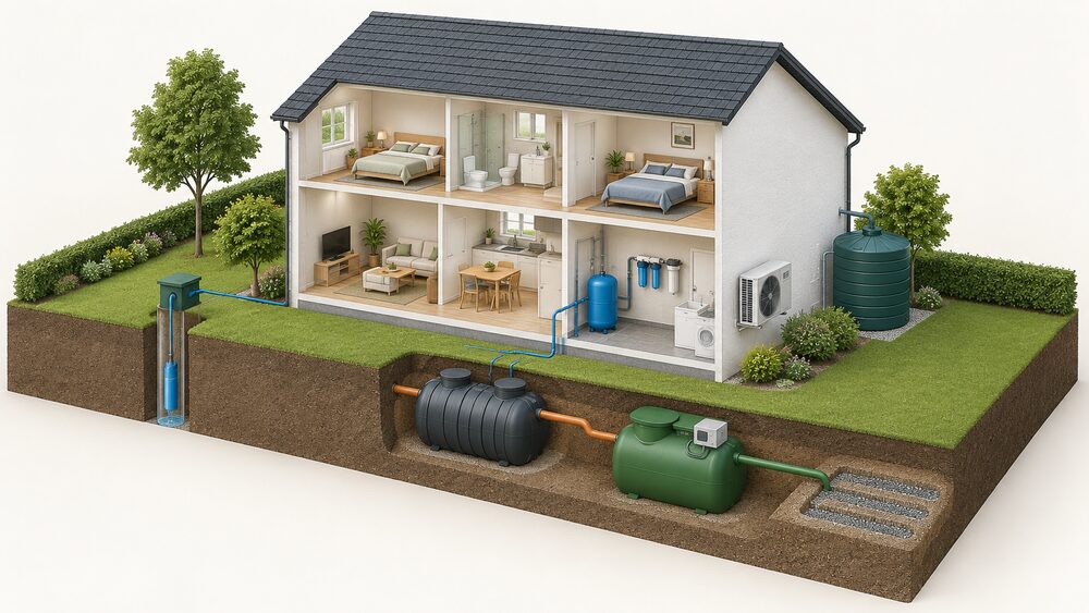A cutaway of a small detached home showing a borehole in the garden with an outdoor pump feeding a pressure vessel and filtration unit in a utility space, a rainwater tank beside the house, a septic tank and package treatment plant buried in the garden, and an air source heat pump on the outside wall.