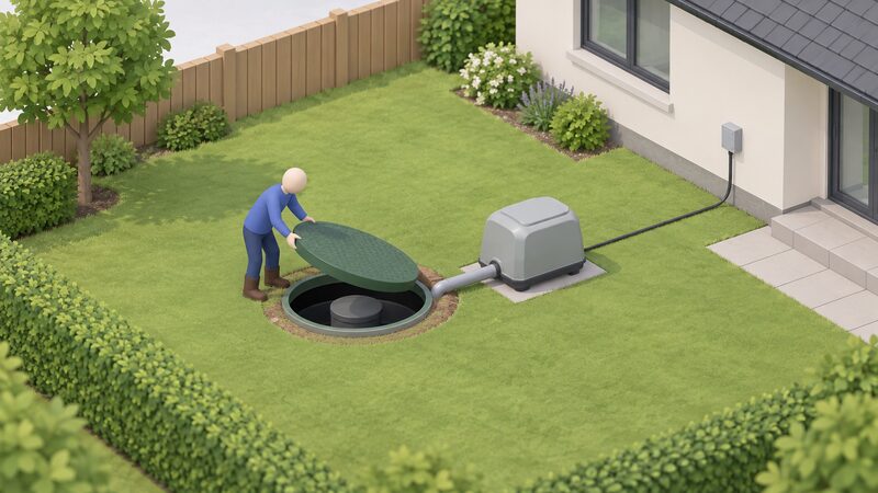 A small isometric figure lifts the round access cover of a package treatment plant buried in a domestic garden, beside a low air blower housing connected by a small duct, with a cable running from the blower housing toward the house in the background.