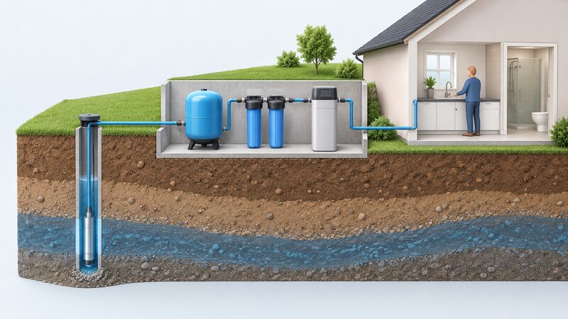 A cutaway diagram of a domestic private water supply showing a borehole in the ground with a submersible pump, connected by pipework to a pressure vessel, then through filtration units and a treatment stage before supplying the house.