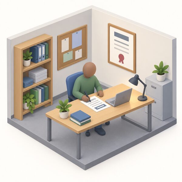 A small community group office where a simplified figure at a desk completes a paper application form beside a laptop, with a registration certificate pinned on the wall behind, showing the organisation registering with the scheme before applying.