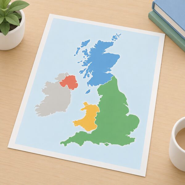 A simplified map of Great Britain drawn as a printed sheet, with England, Scotland and Wales shown as plain colour regions within the coverage area and Northern Ireland shown in a separate plain colour outside the covered area, with no names or numbers.