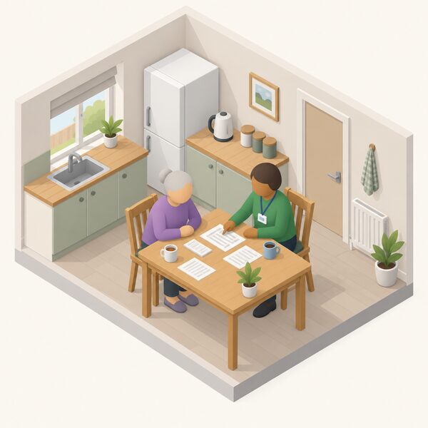An adviser from a community energy advice service sits at a kitchen table in a modest home with a vulnerable householder, going through energy bills and simple advice notes together, showing the kind of household support the scheme funds.