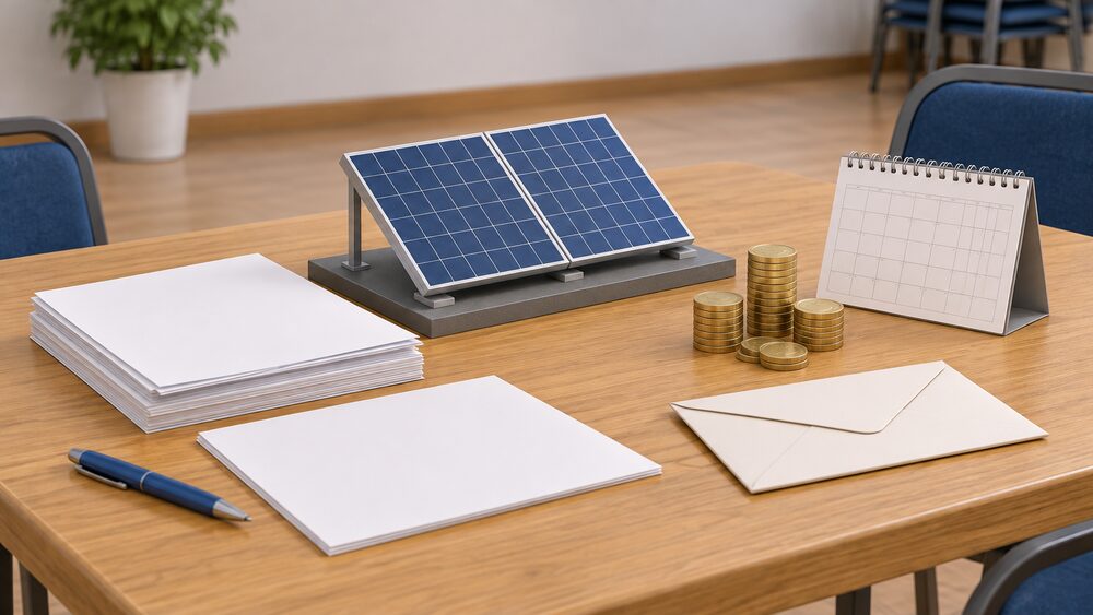 A small model of rooftop solar panels on a stand beside a stack of blank application paperwork, a sealed envelope, a pile of coins and a blank calendar on a wooden community-hall table, representing a community energy group applying for grant funding.