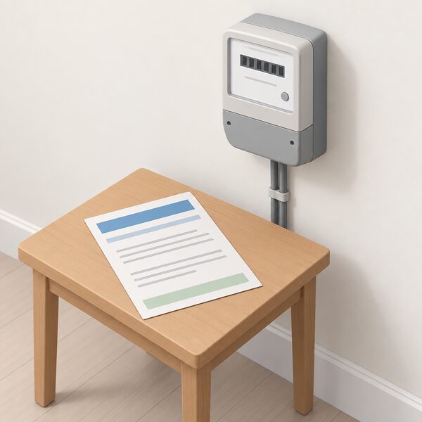 A formal supply licence document lying on a small table beside a domestic electricity meter mounted on a wall, the document shown with plain blank lines and colour bands so no content is readable.