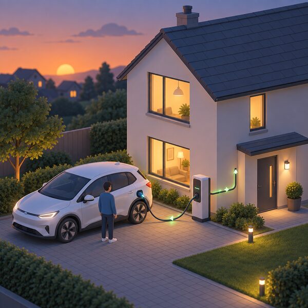 A small isometric figure stands beside an electric car plugged into a chargepoint on a house's front drive at dusk, with a cable carrying power from the car through the chargepoint towards the house wall.