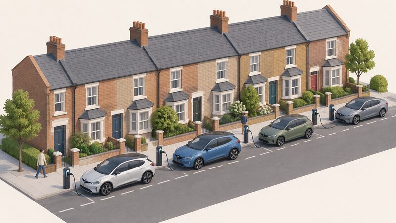 A terraced UK street scene with several cars parked at kerbside chargepoints, each connected by a cable, showing the clustered pilot-scale concentration of V2G installations in a small number of locations.