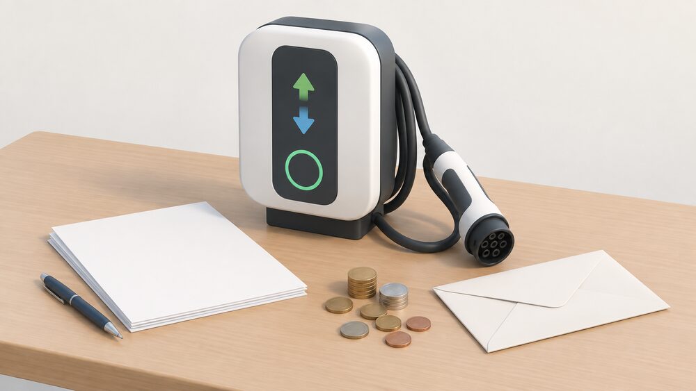 A small model of a bi-directional electric vehicle chargepoint with its cable and connector sits on a table beside blank paperwork, a sealed envelope and a scatter of coins, suggesting a household export arrangement settled through an intermediary.