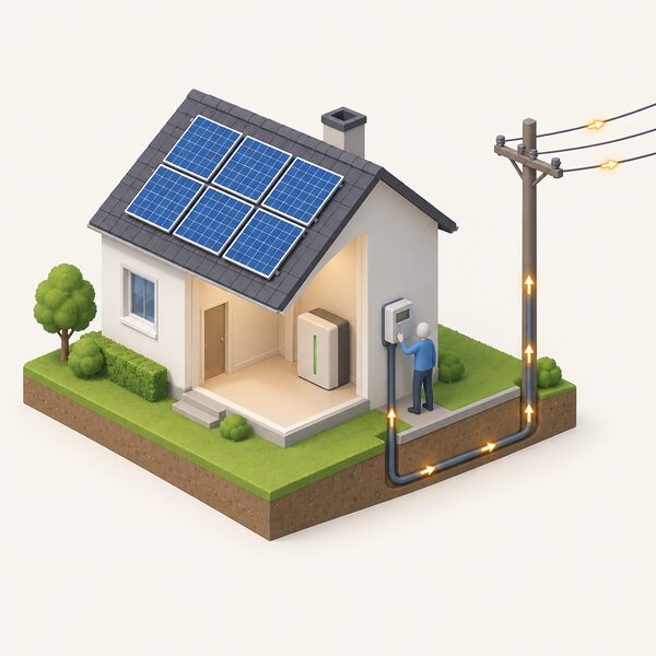 A small isometric house with rooftop solar panels and a battery, a cable running from the meter down the wall and underground to a nearby electricity pole with overhead lines, with a simplified figure connecting the cable at the meter, showing surplus power flowing outward to the grid.