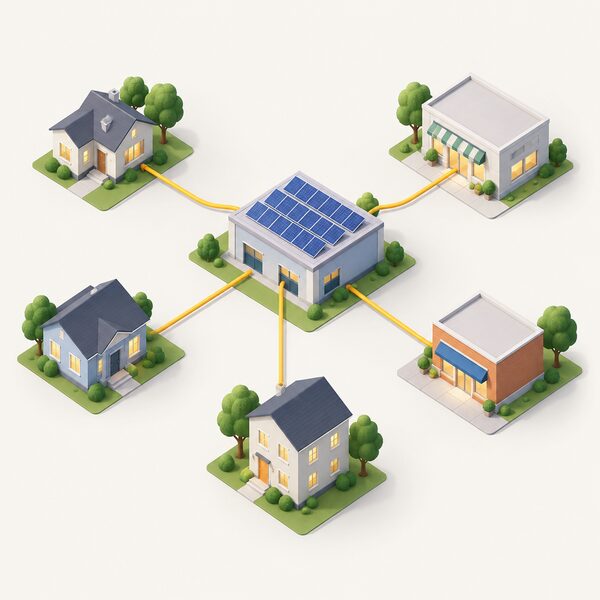 A simplified isometric scene of one local generator, such as a small solar array on a community building, with private wire cables running directly to several nearby houses and businesses, showing one shared local supply serving the group.