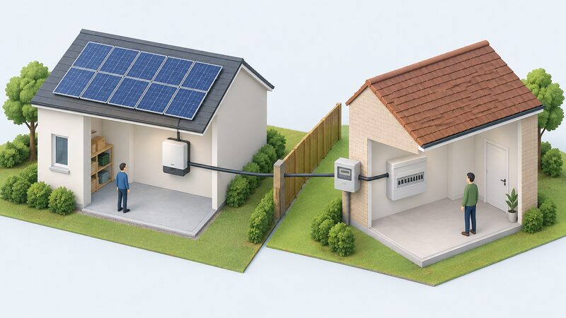 A simplified diagram-style scene showing a solar array on one building with a converter, a private wire cable crossing the boundary between two buildings, and a meter at the point of supply where the cable enters the neighbouring building's distribution board.