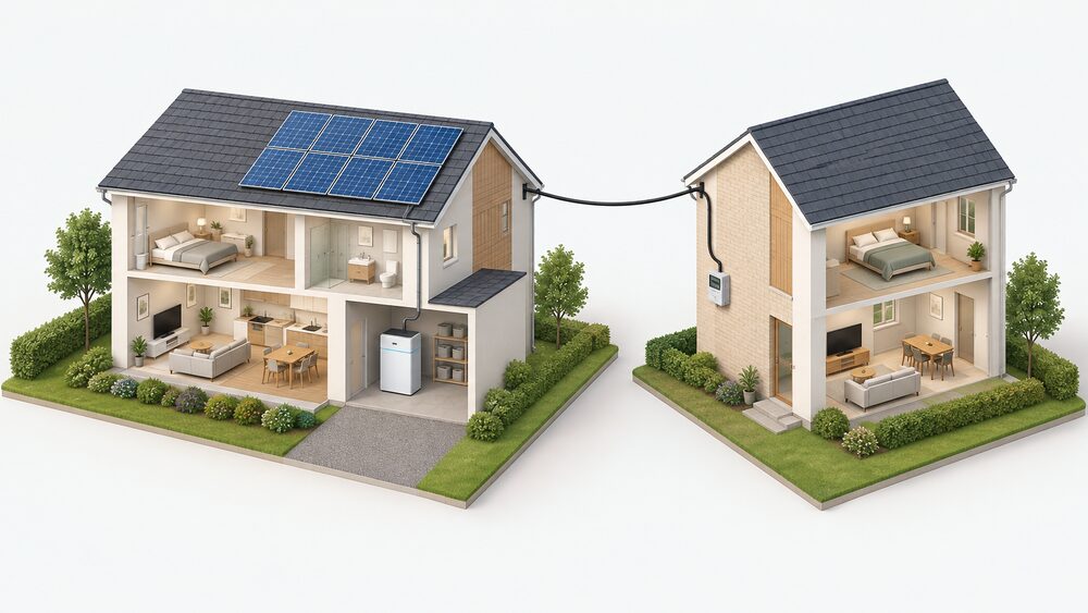 A cutaway scene of two adjacent buildings: solar panels on the roof of the first building, a battery in its garage or utility space, an overhead private wire cable running from that building to a second nearby building, and a meter on the wall at the point of supply in the second building.