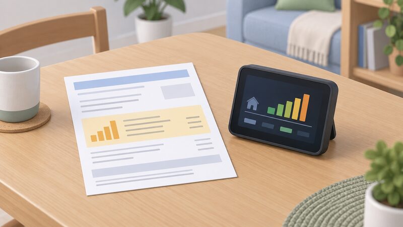 A paper energy bill lying on a household table with its usage section marked by a plain highlight band, placed beside a smart meter display showing a simple consumption screen, so the two can be compared side by side.