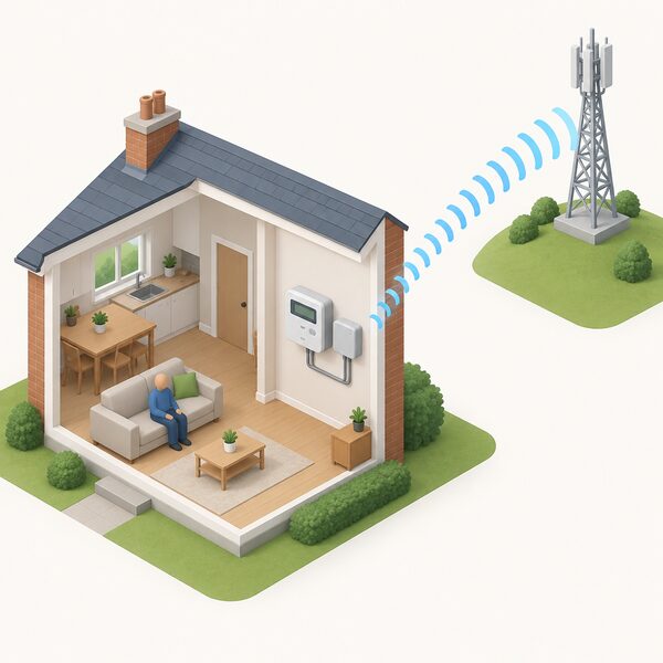 A simplified isometric cutaway of a home interior showing a smart meter mounted on an inside wall with its communications hub fixed nearby, both sending a plain radio signal arc out through the wall to a distant simplified mast representing the DCC smart energy network, with no router or Wi-Fi symbol anywhere in the scene.