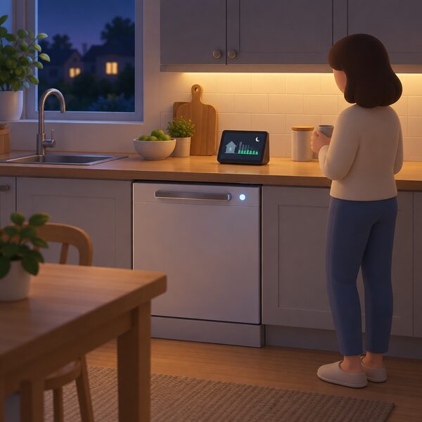 An evening kitchen scene with a built-in dishwasher running under the worktop, its indicator light glowing, beside a smart meter display on the counter, showing a shiftable appliance operated during a cheaper off-peak tariff window.