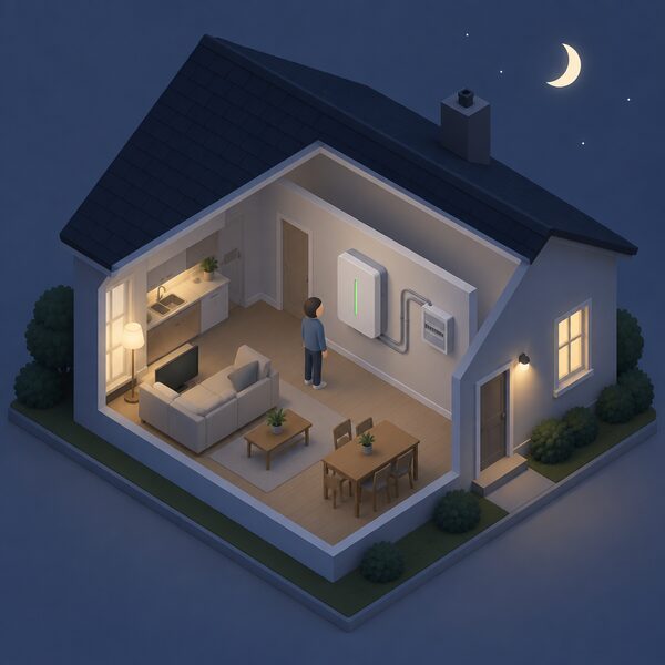 A wall-mounted home battery unit on an inside wall of a house at night, connected by cabling toward the household's consumer unit, shown with a small isometric figure standing beside it, while outside the roof is dark with no panel output.