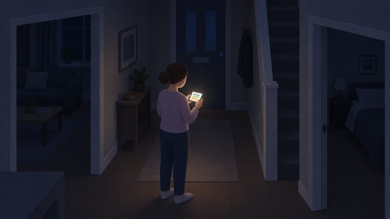 A householder standing in a dark hallway at night holding the smart meter's in-home display, its screen glowing as they read the usage figure, with the rest of the house dim and quiet behind them.