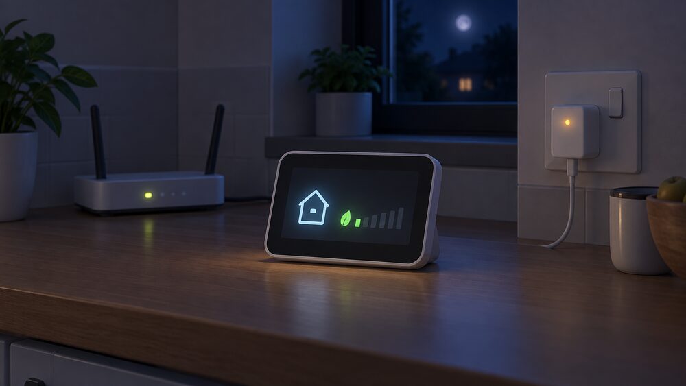 A smart meter's in-home display standing on a kitchen worktop in a dark, quiet house at night, its screen glowing with a low continuous reading, while a router and a phone charger plug in wall sockets nearby show small standby lights.