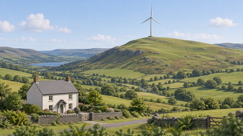 A single large wind turbine on a grassy Welsh hilltop seen from far off, with a small detached house in the near foreground on the low ground, the wide gap between them emphasising that the household's generation is offsite and distant.
