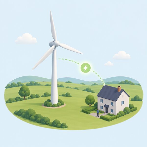 A single large onshore wind turbine in open countryside, drawn as the co-operatively owned generating asset, with a simplified isometric figure of a member household's ordinary home nearby connected conceptually to the turbine to show the share whose output value is credited against the household's bill.
