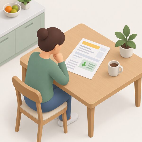 A domestic electricity bill lying on a kitchen table, drawn as a physical sheet with blank lines and plain colour bands, with a highlighted credit section shown as a plain block, beside a simplified isometric figure of a household member looking at it.