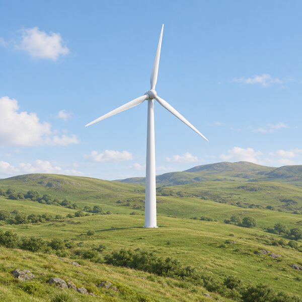 A single large white wind turbine standing alone in rolling green Welsh hillside countryside, seen from a distance with grassy slopes, a few low hills behind and an open sky, with no other turbines or buildings nearby.