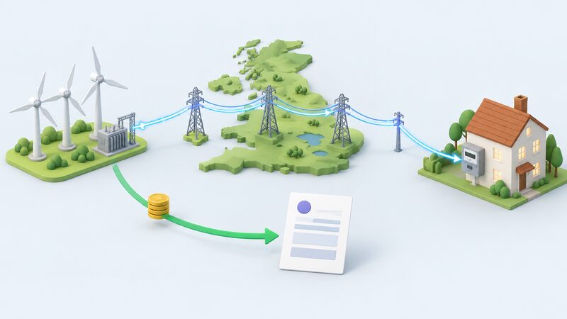 A simplified diagram with a wind farm on the left exporting into the national grid, transmission lines crossing the country to a house on the right drawing grid electricity through its meter, with a supplier bill beside the house linked back to the wind farm by a plain credit arrow, and no private wire.
