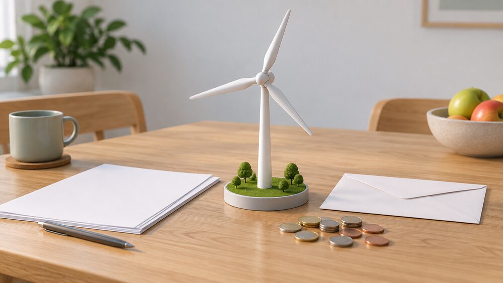 A small model wind turbine stands on a kitchen table beside blank paperwork, a sealed envelope and a scatter of coins, representing a household's share in an offsite wind farm credited against an ordinary energy bill.