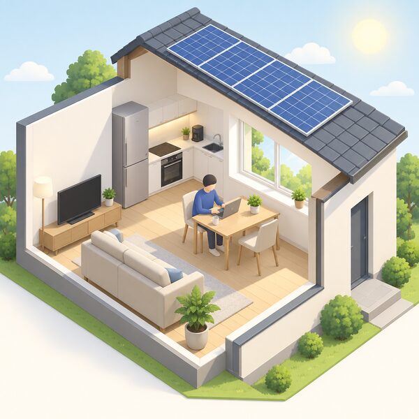 A person at home in daylight using electric appliances indoors, seen through a window with solar panels visible on the roof outside.