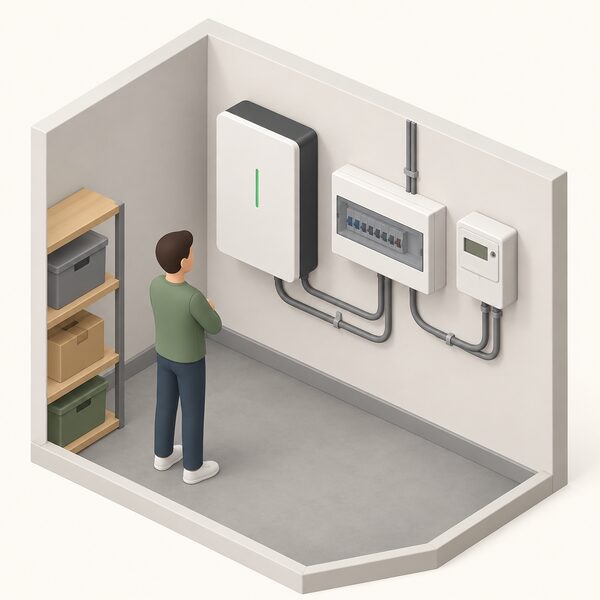 A wall-mounted home battery unit installed indoors in a utility space, shown beside the household's consumer unit and electricity meter on the same wall, with a small isometric figure inspecting it and simple cabling connecting the battery to the other equipment.