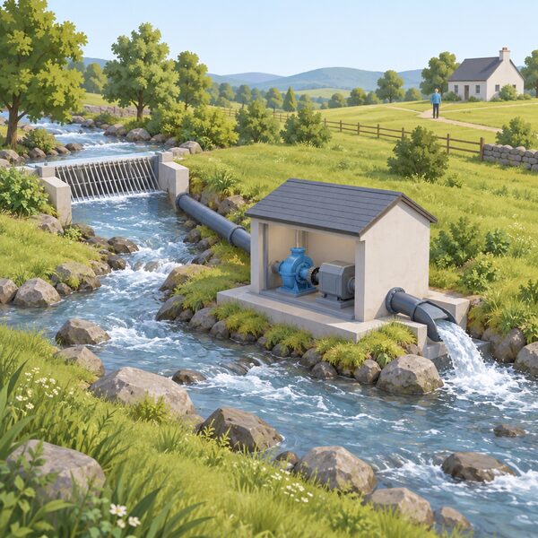 A small micro hydro generator housed in a simple intake and turbine box beside a flowing countryside stream, with a pipe taking water from the stream through the turbine and returning it downstream, set in a rural landscape with a distant house.