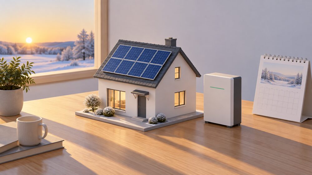 A small model house with solar panels on its pitched roof sits on a table beside a domestic battery unit and a wall calendar turned to a winter month, with a low sun near the horizon casting long shadows across the scene.