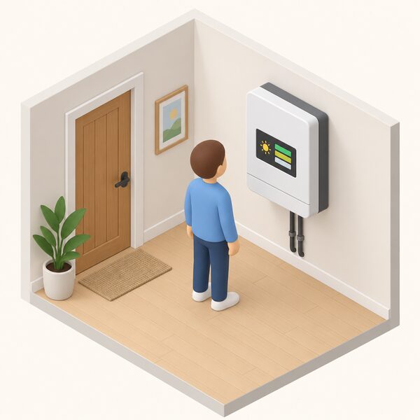 A small simplified figure stands indoors beside a wall-mounted solar PV inverter, reading its plain display screen that shows generation only as simple colour bands and blank blocks, with no readable numbers or words.