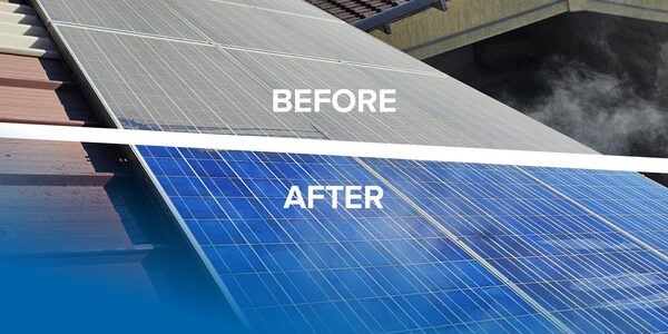 A before-and-after comparison of rooftop solar panels, dirty above and cleaned below