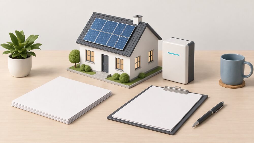 A small model house with solar panels on its pitched roof sits on a table beside a small model home battery, blank quotation paperwork and a clipboard, arranged as the moment a household compares solar quotes with and without storage.