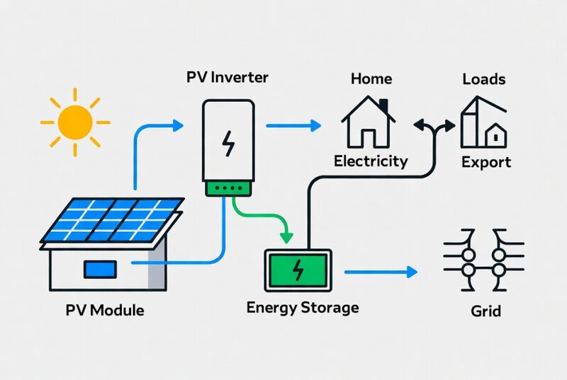 A diagram showing how a solar PV module, inverter, home battery storage, home electricity, grid export and loads connect together