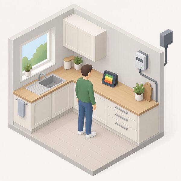 A small isometric figure standing in a home kitchen looking at an in-home display on the worktop, its screen showing simple colour bands of energy use, with a smart meter on a nearby wall connected to the electricity supply.