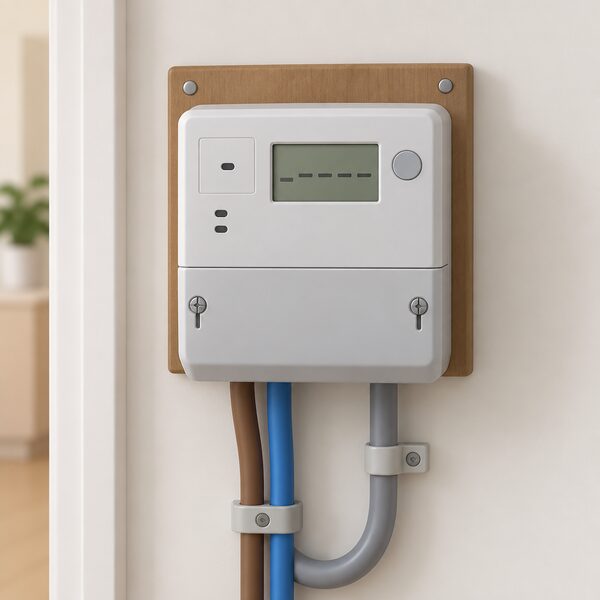 A traditional electricity meter with a plain digital display panel mounted on an interior wall in a home, shown as a physical object with its screen content rendered only as blank line segments so no readable figures appear.