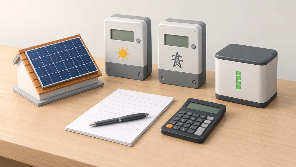 A small rooftop solar panel model and a compact battery unit sit on a table beside two wall-mounted electricity meters, one labelled by position as a generation meter and one a smart import meter, with blank paperwork and a calculator between them.
