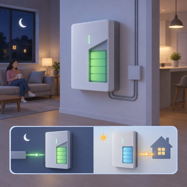 A wall-mounted home battery unit indoors at night, connected to the household electricity supply, shown charging with a simple indicator glow, while a cutaway suggests stored energy ready to power the home's circuits during the daytime hours.