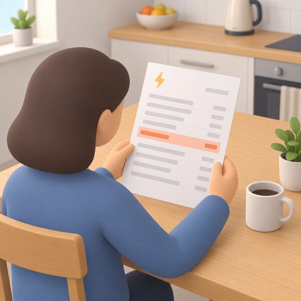 A paper electricity bill lying on a kitchen table, held by a simplified figure, with a plain highlighted band marking the exit fee line among other blank line items.