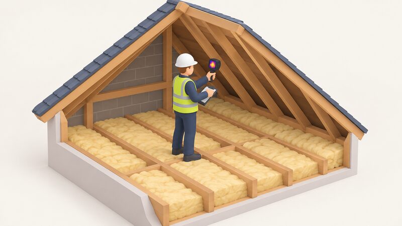 A simplified isometric assessor stands in a loft space among rafters and insulation, holding a clipboard in one hand and a thermal camera in the other, surveying the roof space during a retrofit assessment visit.