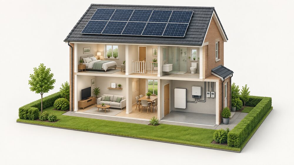 A cutaway of a whole house with solar panels on the roof, a wall-mounted battery and an inverter in a garage or utility space, and a small hub on a shelf inside the home, all part of one landlord-installed package.